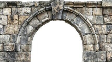 Ancient stone arc gate isolated on white, showcasing intricate stonework and aged details.