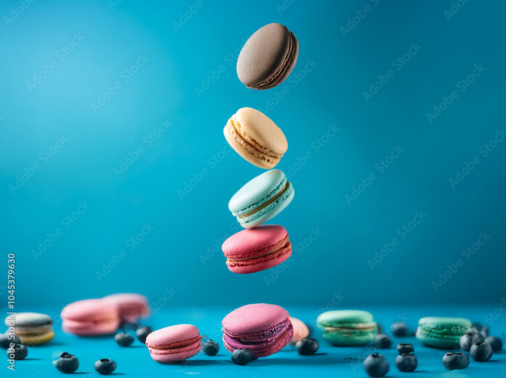 Poster three colorful macarons floating against a blue background.
