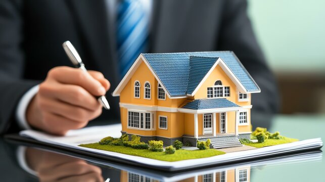 Model of a house with agent's hand on paper