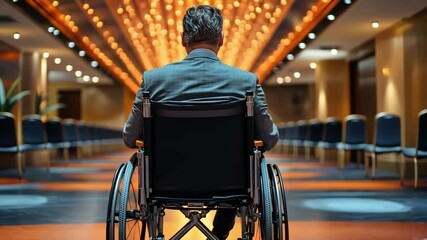 A man in a wheelchair sits alone in a beautifully lit corridor of a hotel during an event