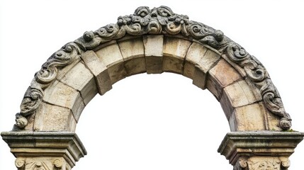 Naklejka premium Ancient stone arc gate standing isolated on white, showcasing detailed stone carvings and design.