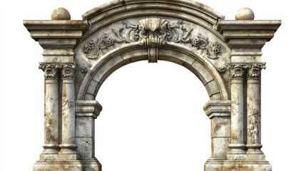 Naklejka premium Ancient stone arc gate with decorative elements, standing isolated on white.