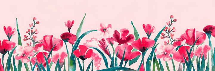 Pink and red watercolor flowers blooming in a spring garden   Romantic floral design for wedding invitations   