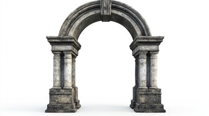 Obraz premium Ancient stone arc gate with decorative elements, standing isolated on white.