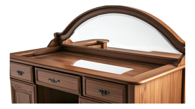 Elegant wooden dressing table with a curved mirror and multiple drawers positioned in a well-lit room.