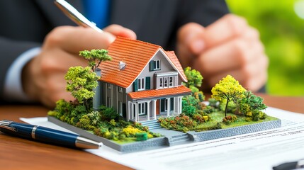 Model house on desk with business hands.