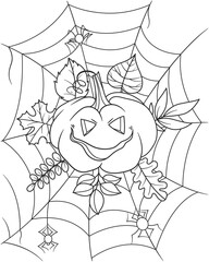 Halloween coloring page with a carved pumpkin on a spider web