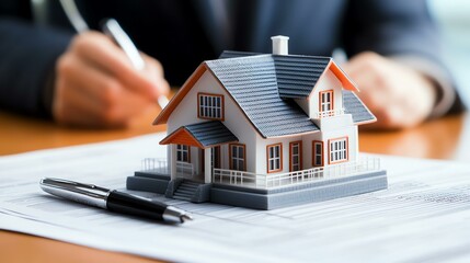 Model house on contract with pen and hands.