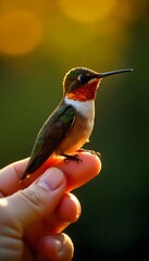 hummingbird  sitting on Human Hand