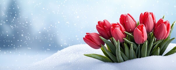 A bouquet of bright red tulips emerges from a blanket of snow, creating a striking contrast in a serene winter landscape.