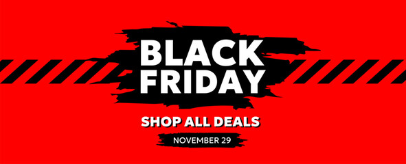 Vector black friday sale label illustration with bold type text and tape on red background. Flat style sale promotion design of black friday business lettering logo with 50% off for discount day