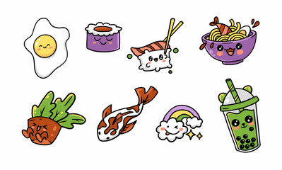 Set of Kawaii Stickers in Vivid Colors, Cute Japanese Style