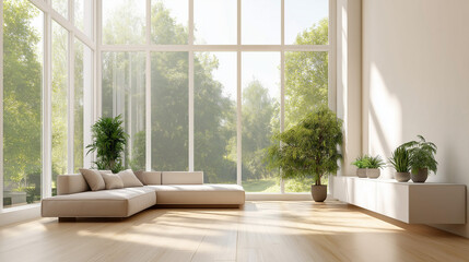 Minimalist Living Room with Large Windows, Neutral Furniture, and Indoor Plants in a Bright, Serene Space