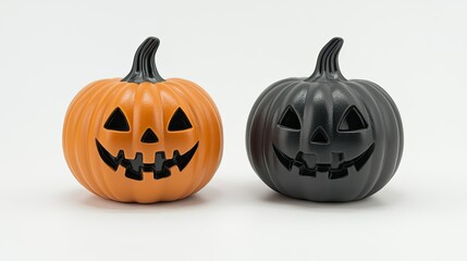 Black and orange Halloween pumpkins isolated on white, featuring spooky carved faces.
