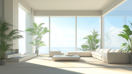 Fototapeta premium Minimalist Living Room with Large Windows, Neutral Furniture, and Indoor Plants in a Bright, Serene Space