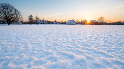 Obraz premium Serene winter landscape at sunrise with a blanket of snow covering houses and fields under a clear sky