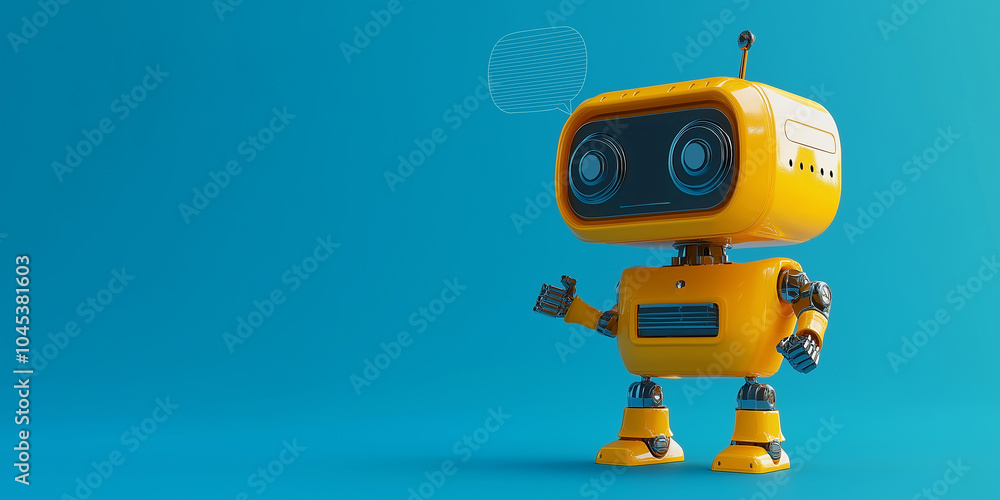 Poster Yellow robot pointing with speech bubble on blue background
