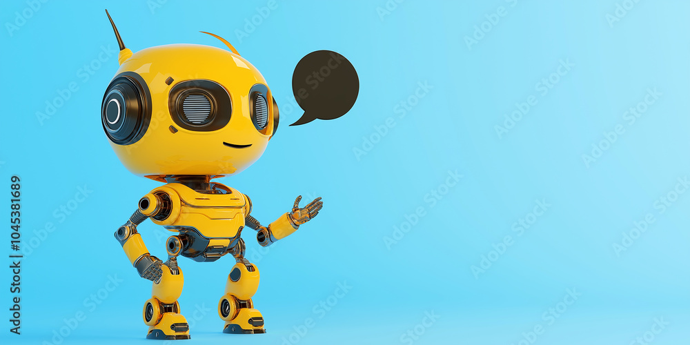Poster Cute yellow robot pointing with empty speech bubble on blue background