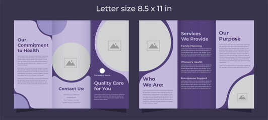 Trifold brochure template for medical care in light purple and dark purple colors