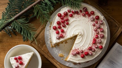 Christmas dessert with festive decor: cake, berries and a Christmas tree branch