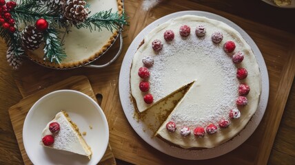 Sweet Christmas cake with white frosting and Christmas tree branch - top view