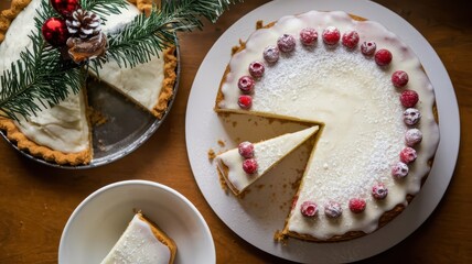 Christmas cake with white icing and red berries creates a festive atmosphere.