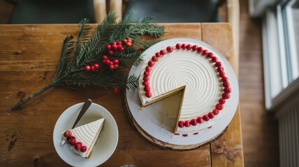 Christmas cake with white icing, red berries sprinkled with powder and a Christmas tree branch on a wooden table with a piece of cake on a white bowl. View from above