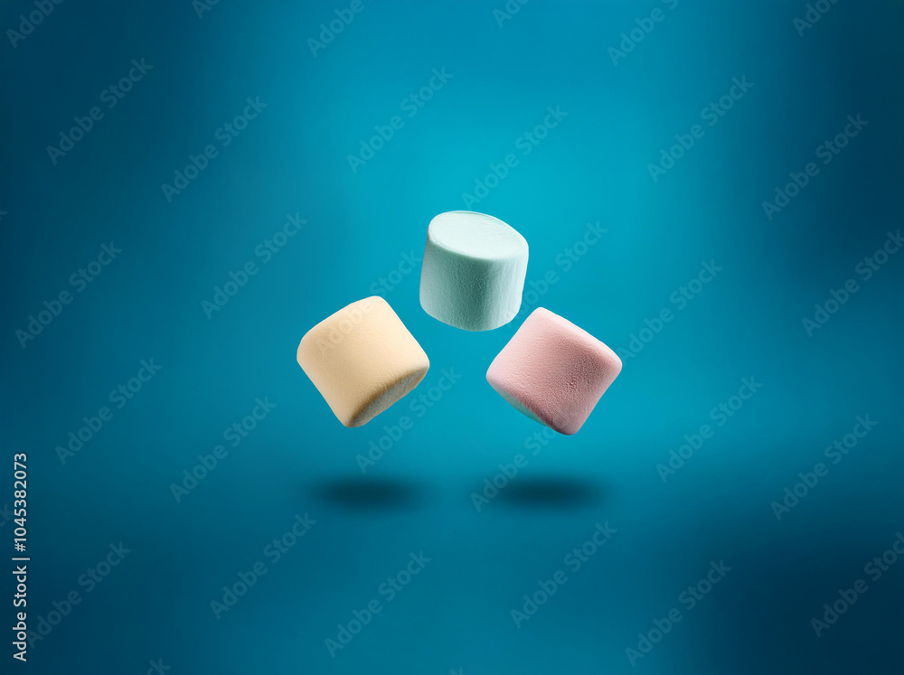 Aufkleber three marshmallows of different colors float against a blue background.
