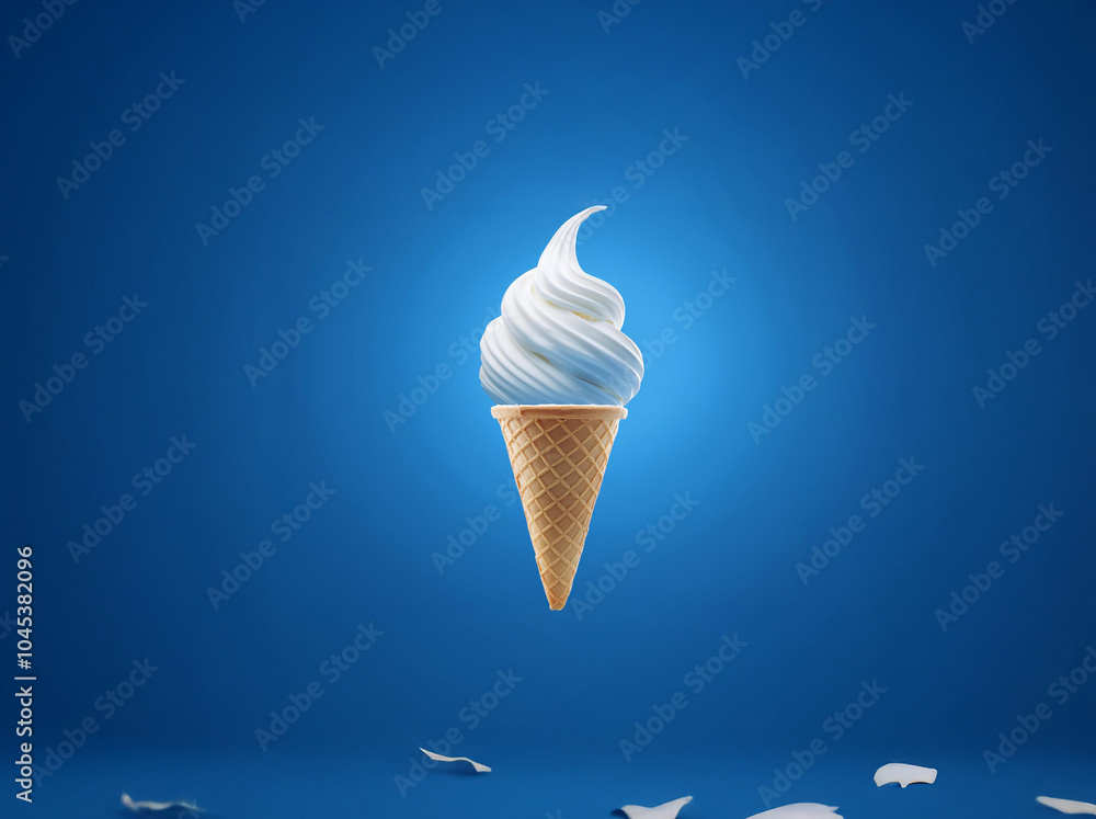 Aufkleber A single scoop of soft serve ice cream in a waffle cone against a blue background.