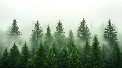 Mist-blanketed evergreen forest a serene landscape of nature&rsquo;s majesty and tranquility
