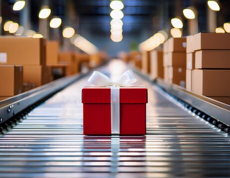 A single red gift box with white ribbon sits centered on a metallic conveyor belt in a warehouse
