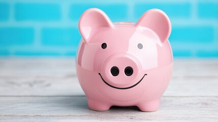 Cute pink piggy bank on wooden surface against a blue brick background.