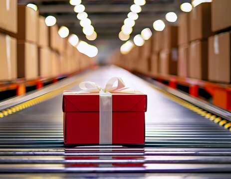A single red gift box with white ribbon sits centered on a metallic conveyor belt in a warehouse