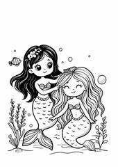 illustration of two cute mermaids. Coloring page for children.