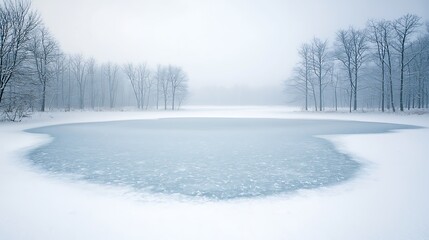 Obraz premium Serene winter landscape a tranquil frozen lake surrounded by snow-covered trees in a misty atmosphere