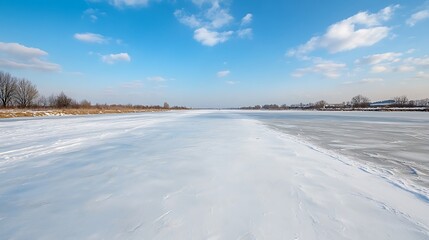 Stunning frozen river landscape under a bright blue sky with fluffy clouds and serene winter atmosphere