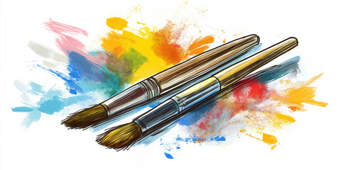 Fototapeta premium Three paintbrushes lying near colorful paint splatter