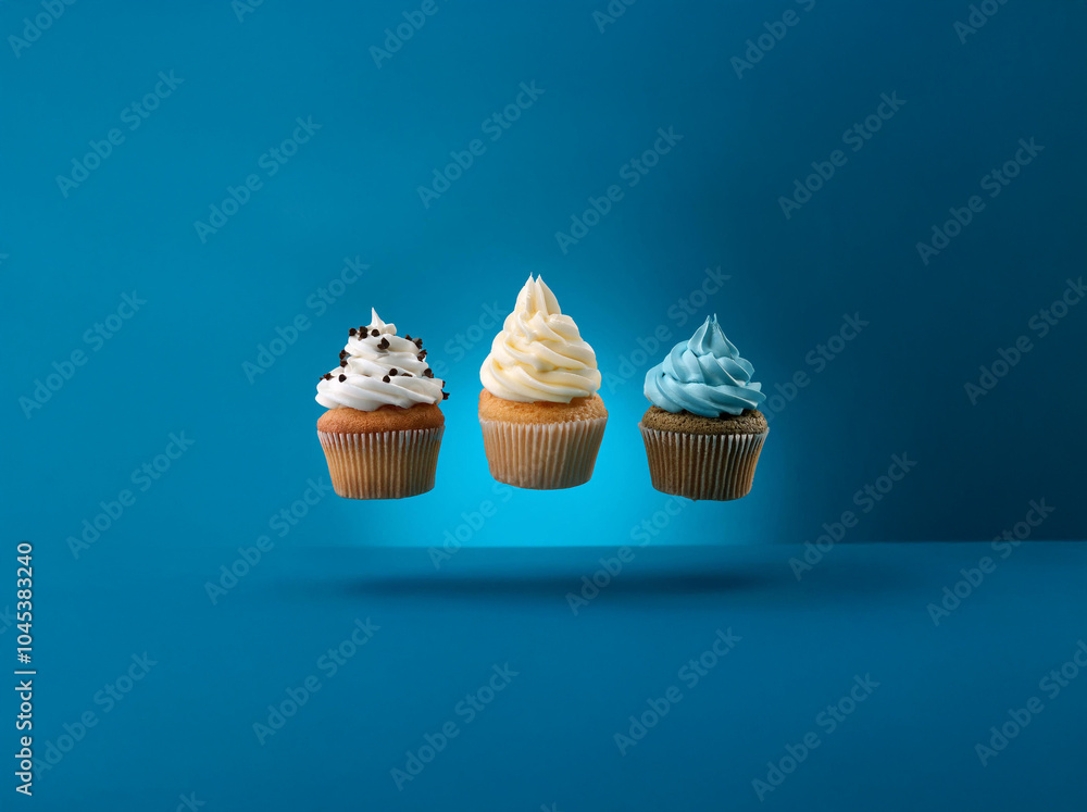 Aufkleber Three frosted cupcakes with different colored frosting and toppings, floating in the air against a blue background.