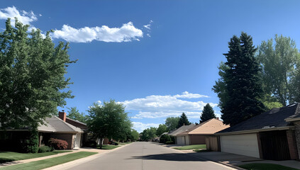 Neighbourhood Real Estate - A peaceful suburban street under a clear blue sky with green trees lining the road.