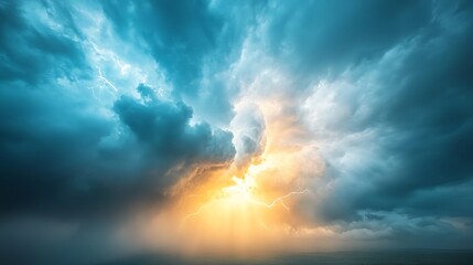 Fototapeta premium Dramatic thunderstorm over ocean waves illuminated by lightning and glowing sunlight breaking through dark clouds
