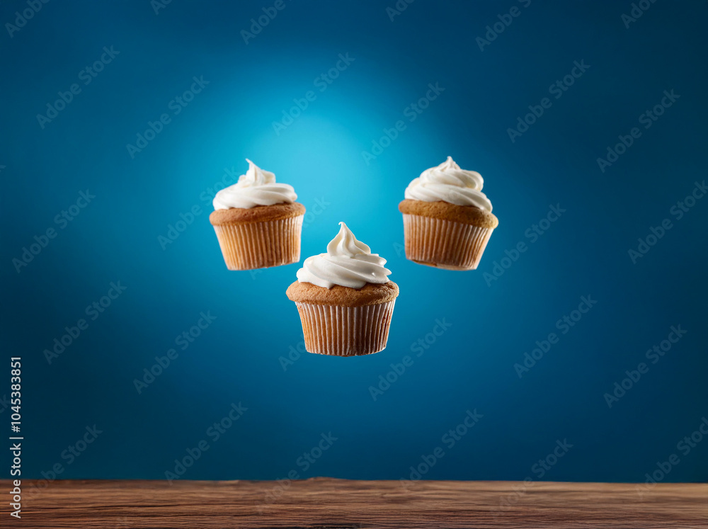 Poster three frosted cupcakes are floating against a blue background.