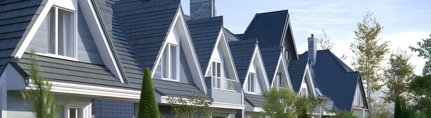 Neighbourhood Real Estate - A row of modern houses featuring sloped roofs and landscaped surroundings.