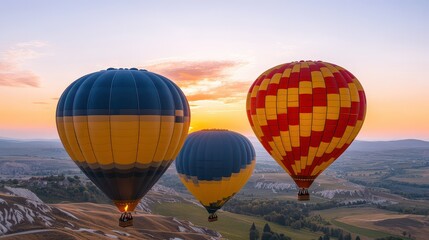 Obraz premium Three colorful hot air balloons gracefully flying at sunset over picturesque landscapes, creating a serene and vibrant atmosphere.