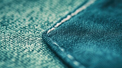 Blank blue laundry care label sewn into soft green fabric with a close-up of the texture and stitching