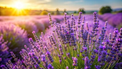 Fototapeta premium A beautiful, blooming lavender plant with fragrant purple flowers standing alone in a field on a sunny day, countryside scene, garden plants, purple flowers, wildflowers, field of dreams