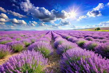 Obraz premium A beautiful, blooming lavender field under a bright blue sky on a warm summer day, wildflowers, bloom, garden, field