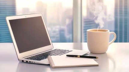 Fototapeta premium Modern workspace with a laptop, notebook, pen, and steaming coffee mug amid a city backdrop.
