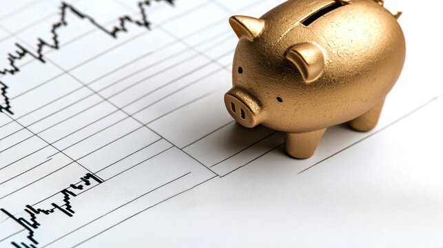 Golden piggy bank on financial graphs representing savings, fluctuating stock chart and investment concepts.