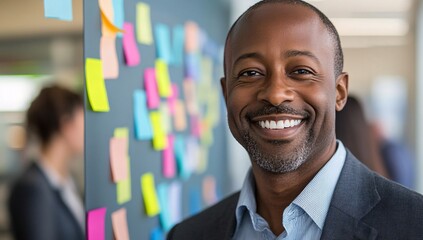 Man smiling confidently in front of colorful sticky notes during a collaborative brainstorming session in an office setting