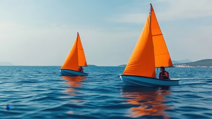 Two small boats with vibrant orange sails glide across a calm blue sea under a clear sky, capturing a serene sailing experience.